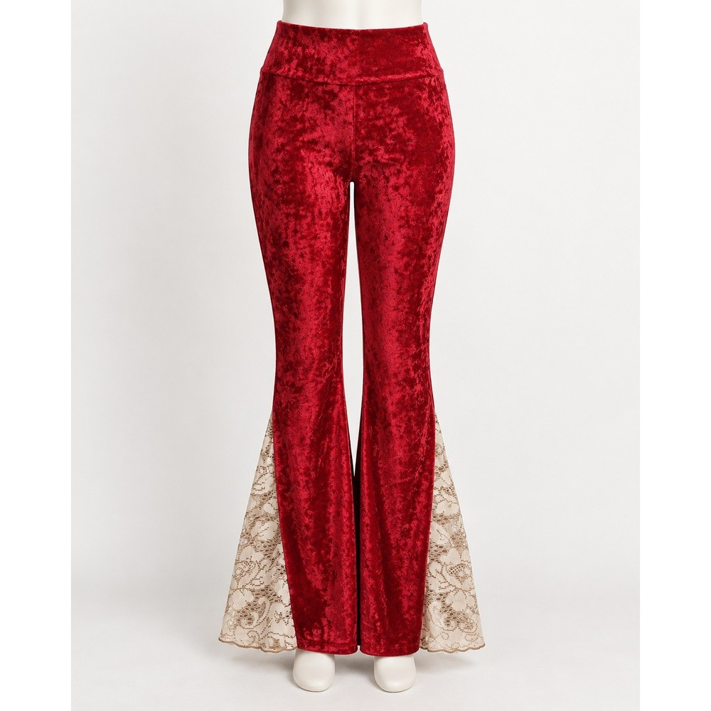 Lux Divine Red Crushed Velvet Lace Bell Bottom Flare Pants Small Boho Retro